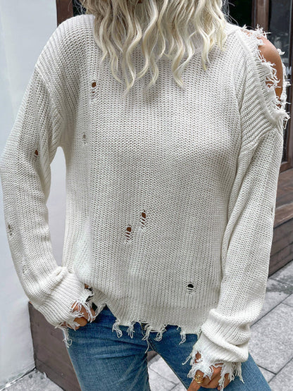 Ripped Sweaters- Frayed Knitted Turtleneck Sweater- - Pekosa Women Clothing