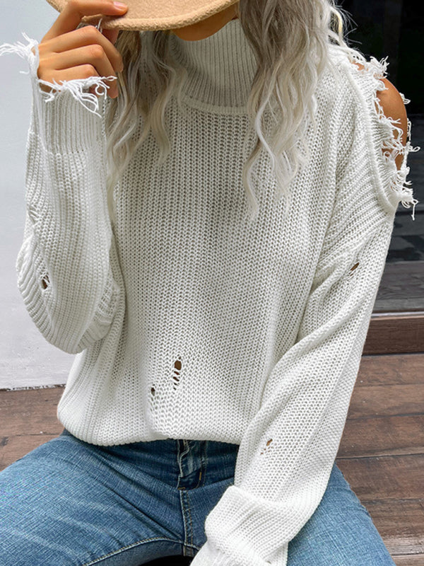 Ripped Sweaters- Frayed Knitted Turtleneck Sweater- - Pekosa Women Clothing