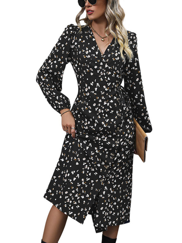 Robe Dresses- Autumn Print Puff Sleeve Wrap Midi Dress- - Pekosa Women Clothing