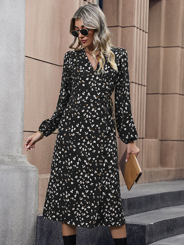 Robe Dresses- Autumn Print Puff Sleeve Wrap Midi Dress- - Pekosa Women Clothing