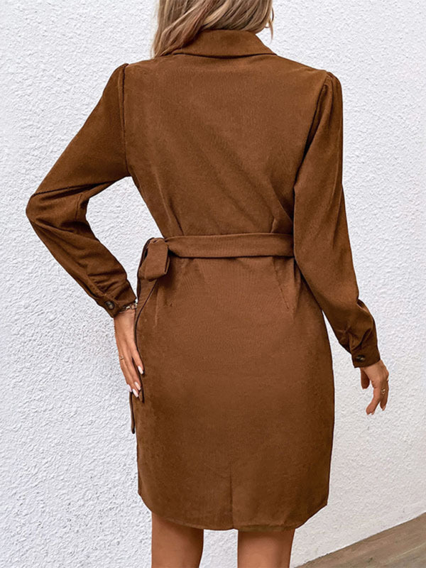 Robe Dresses- Corduroy Robe Shirt Dress: Knot Side, Long Sleeve, Half Button Front- - Pekosa Women Clothing