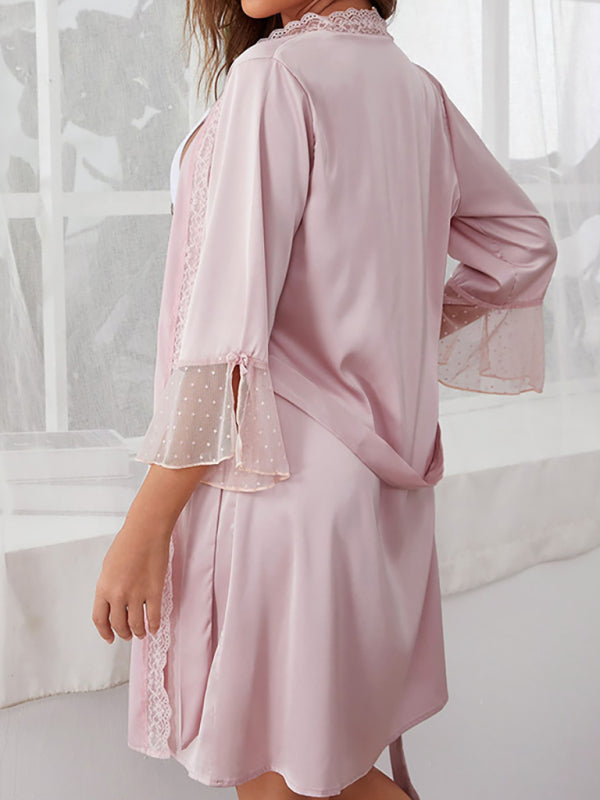 Robes Loungewear- Elegant Satin Kimono Lace-Accented Belted Robe- - Pekosa Women Clothing