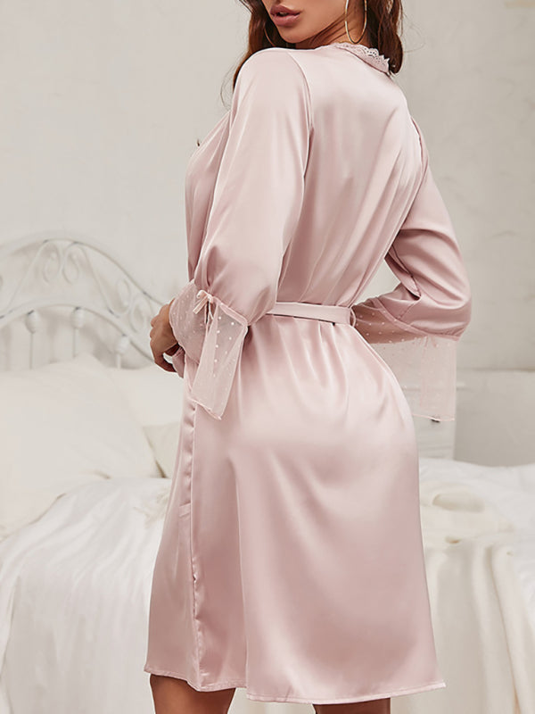 Robes Loungewear- Elegant Satin Kimono Lace-Accented Belted Robe- - Pekosa Women Clothing