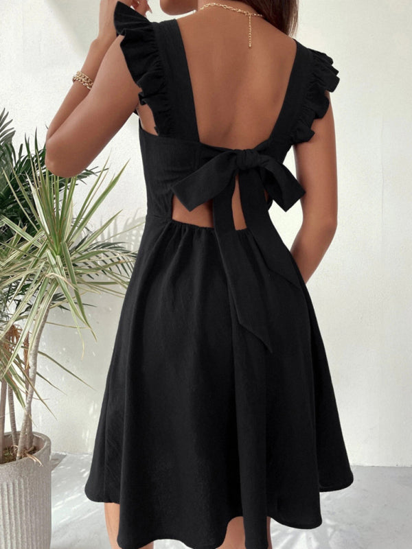 Romantic Dresses- Cocktail Solid Cotton Bow Backless A-Line Square Neck Dress- - Pekosa Women Clothing