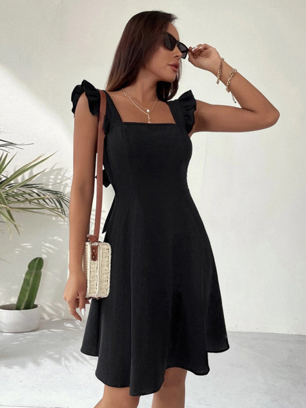 Romantic Dresses- Cocktail Solid Cotton Bow Backless A-Line Square Neck Dress- - Pekosa Women Clothing