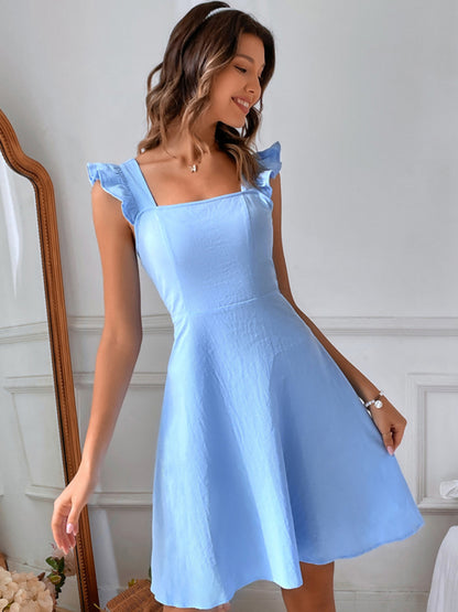 Romantic Dresses- Cocktail Solid Cotton Bow Backless A-Line Square Neck Dress- Sky blue azure- Pekosa Women Clothing