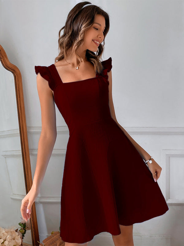 Romantic Dresses- Cocktail Solid Cotton Bow Backless A-Line Square Neck Dress- - Pekosa Women Clothing