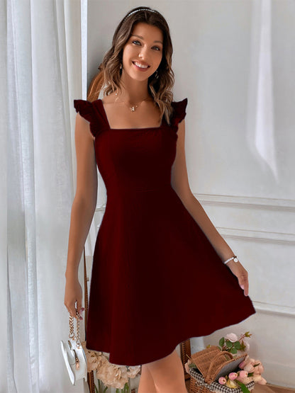 Romantic Dresses- Cocktail Solid Cotton Bow Backless A-Line Square Neck Dress- Wine Red- Pekosa Women Clothing