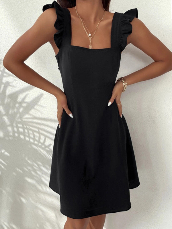 Romantic Dresses- Cocktail Solid Cotton Bow Backless A-Line Square Neck Dress- Black- Pekosa Women Clothing