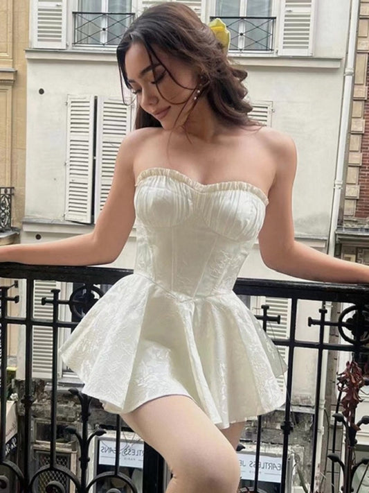 Romantic Dresses- Rose Jacquard Swing Strapless Bustier Mini Dress- White- Pekosa Women Clothing