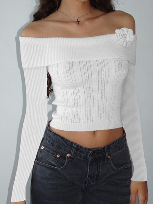 Romantic Sweaters- Romantic Ribbed Knit Long Sleeve Top with Off-The-Shoulder Elegance- White- Pekosa Women Clothing