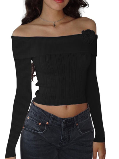 Romantic Sweaters- Romantic Ribbed Knit Long Sleeve Top with Off-The-Shoulder Elegance- Black- Pekosa Women Clothing