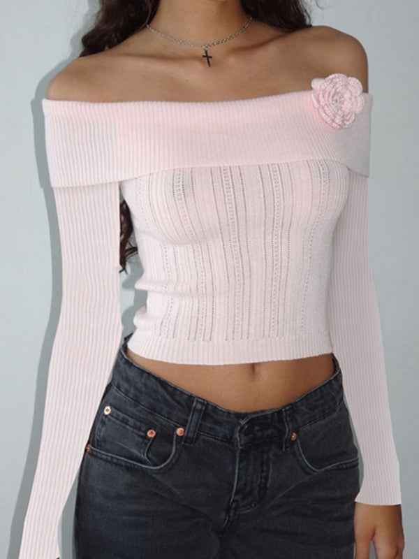 Romantic Sweaters- Romantic Ribbed Knit Long Sleeve Top with Off-The-Shoulder Elegance- Pink- Pekosa Women Clothing