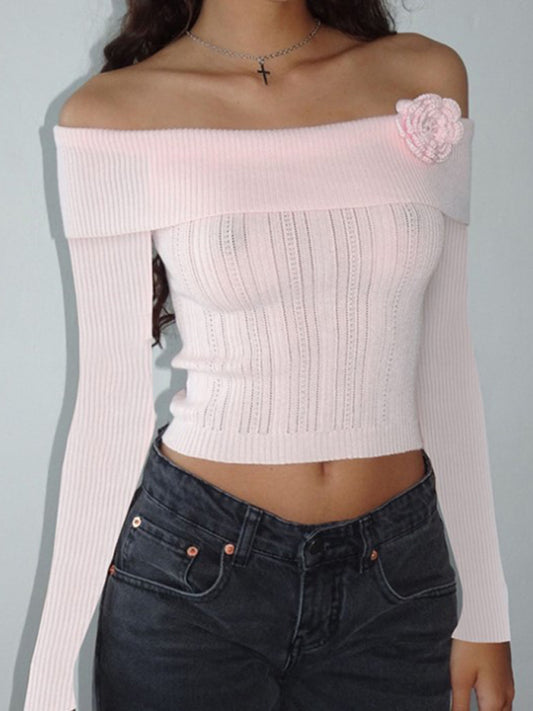 Romantic Sweaters- Romantic Ribbed Knit Long Sleeve Top with Off-The-Shoulder Elegance- Pink- Pekosa Women Clothing