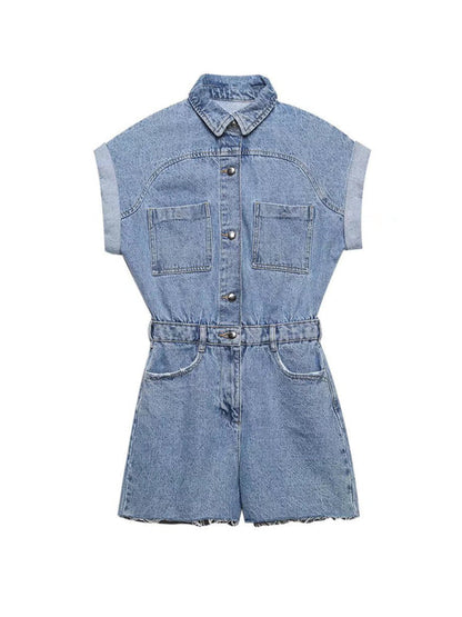 Rompers- Be the Epitome of Cool: Women's Jean Romper - Cotton Denim Jumpsuit- - Pekosa Women Clothing