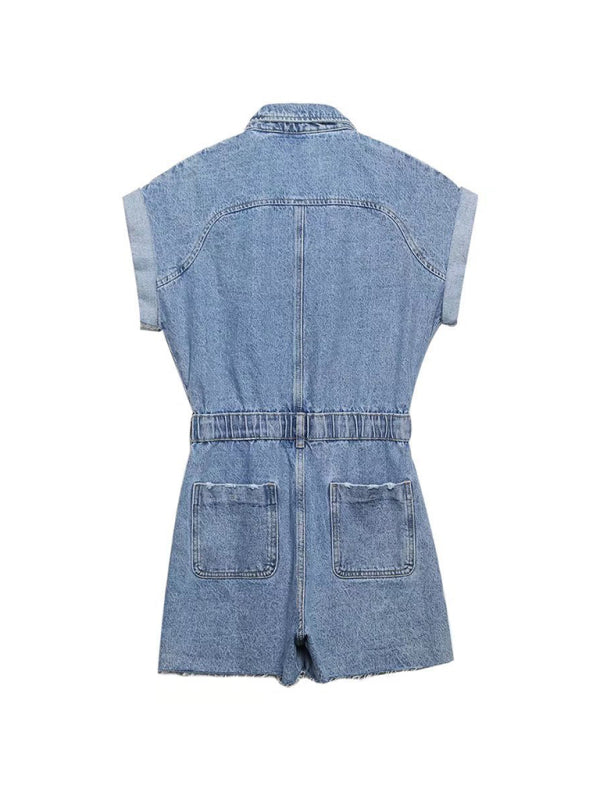 Rompers- Be the Epitome of Cool: Women's Jean Romper - Cotton Denim Jumpsuit- - Pekosa Women Clothing