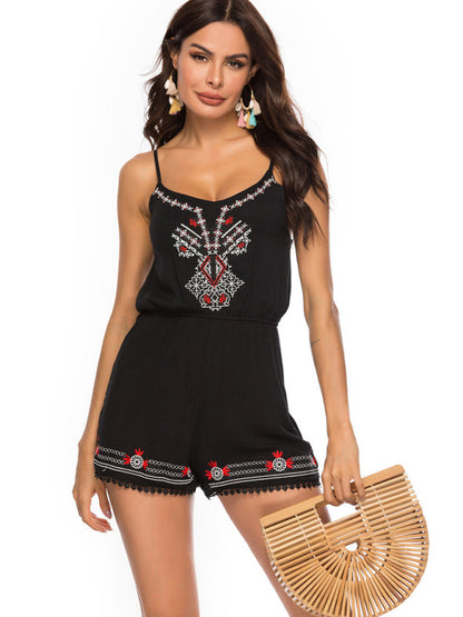 Rompers- Boho Geometric Print Camisole Romper - Jumpsuit for Women- Black- Pekosa Women Clothing