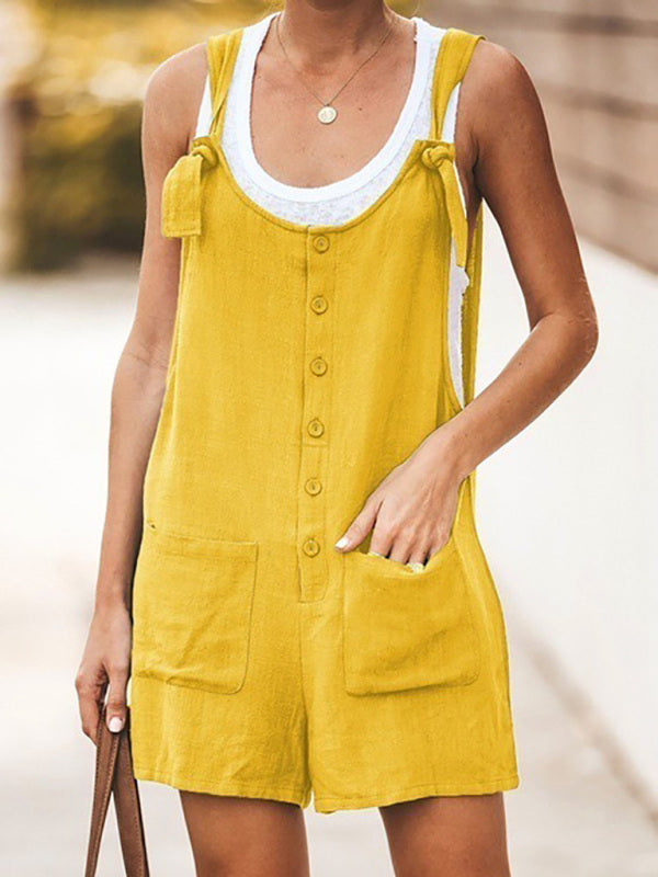 Rompers- Button-Down Cotton Bib Shorts Overalls- Yellow- Pekosa Women Clothing