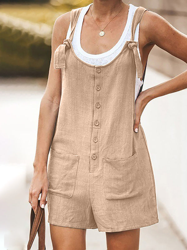 Rompers- Button-Down Cotton Bib Shorts Overalls- - Pekosa Women Clothing