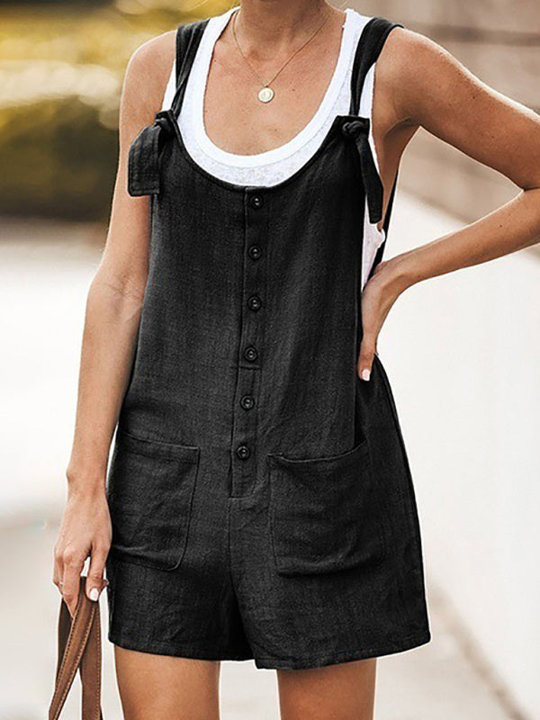 Rompers- Button-Down Cotton Bib Shorts Overalls- - Pekosa Women Clothing