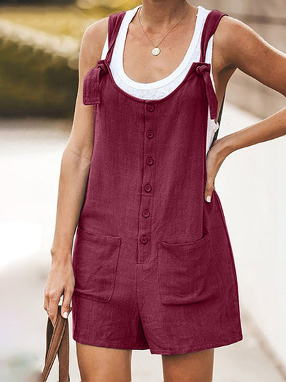 Rompers- Button-Down Cotton Bib Shorts Overalls- - Pekosa Women Clothing