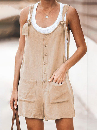 Rompers- Button-Down Cotton Bib Shorts Overalls- - Pekosa Women Clothing