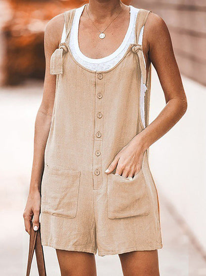 Rompers- Button-Down Cotton Bib Shorts Overalls- Khaki- Pekosa Women Clothing