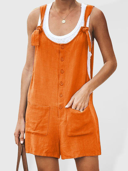 Rompers- Button-Down Cotton Bib Shorts Overalls- Orange- Pekosa Women Clothing