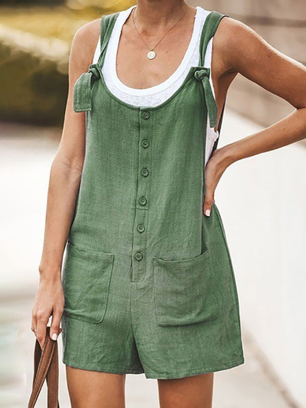 Rompers- Button-Down Cotton Bib Shorts Overalls- Olive green- Pekosa Women Clothing