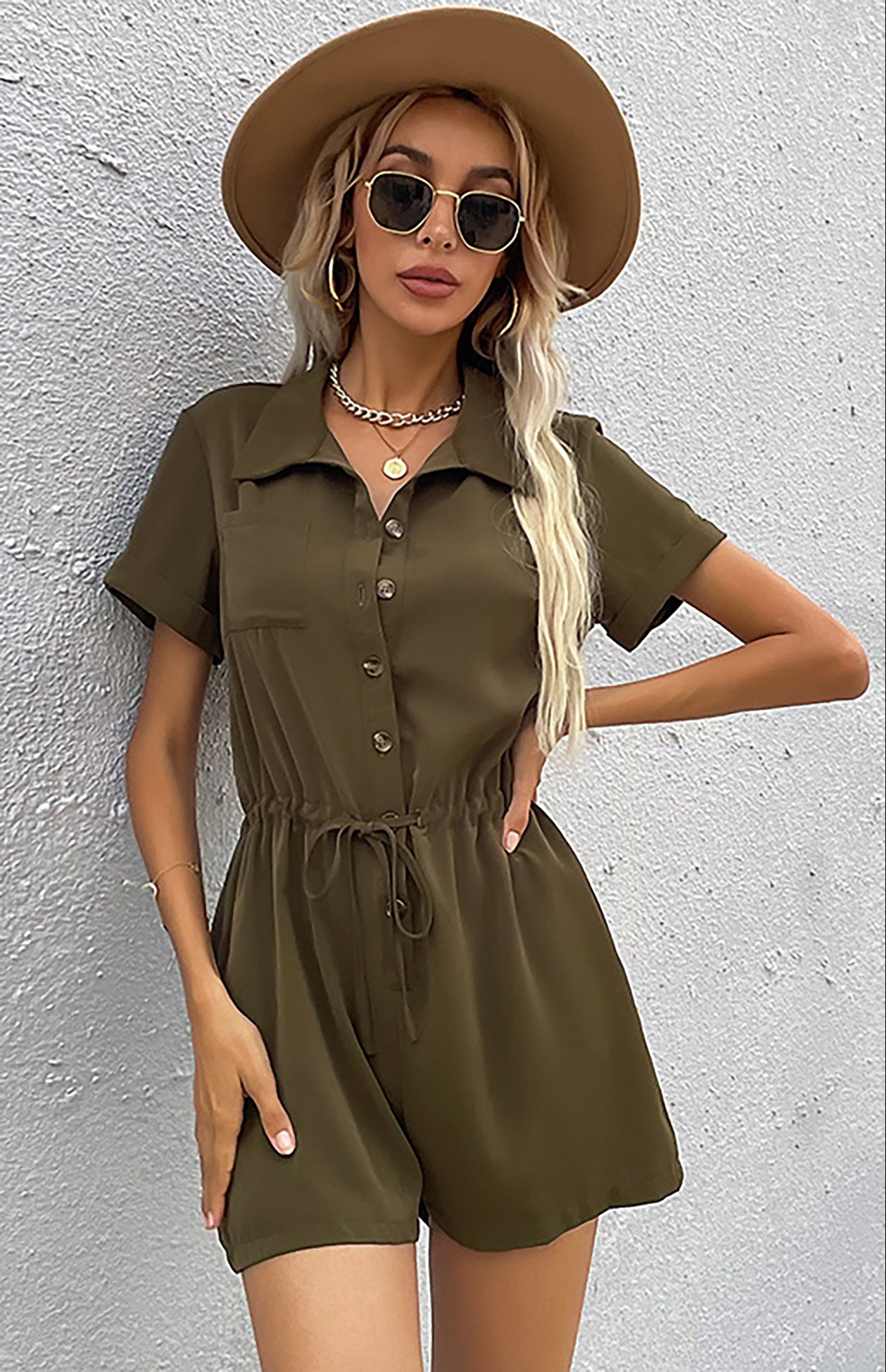 Rompers- Chic Button Down Shirt Romper - Short Jumpsuit with Adjustable Waist- - Pekosa Women Clothing