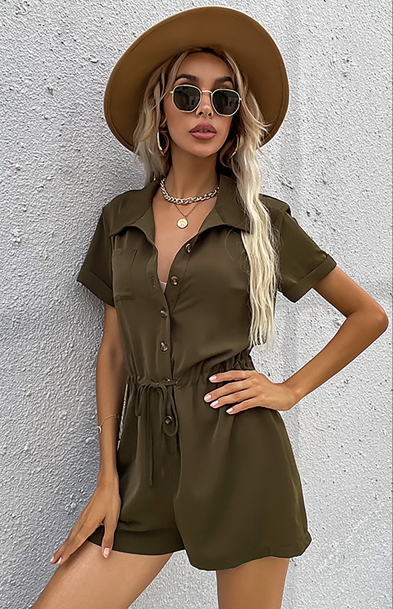 Rompers- Chic Button Down Shirt Romper - Short Jumpsuit with Adjustable Waist- - Pekosa Women Clothing