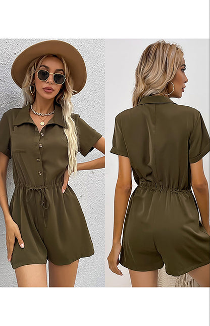 Rompers- Chic Button Down Shirt Romper - Short Jumpsuit with Adjustable Waist- - Pekosa Women Clothing