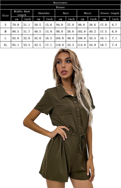 Rompers- Chic Button Down Shirt Romper - Short Jumpsuit with Adjustable Waist- - Pekosa Women Clothing