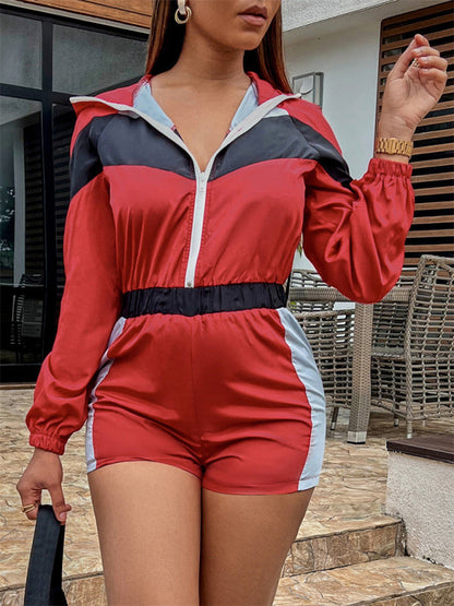 Rompers- Colorblock Sporty Hooded Long Sleeve Romper- Red- Pekosa Women Clothing