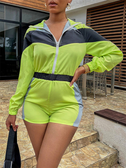 Rompers- Colorblock Sporty Hooded Long Sleeve Romper- - Pekosa Women Clothing