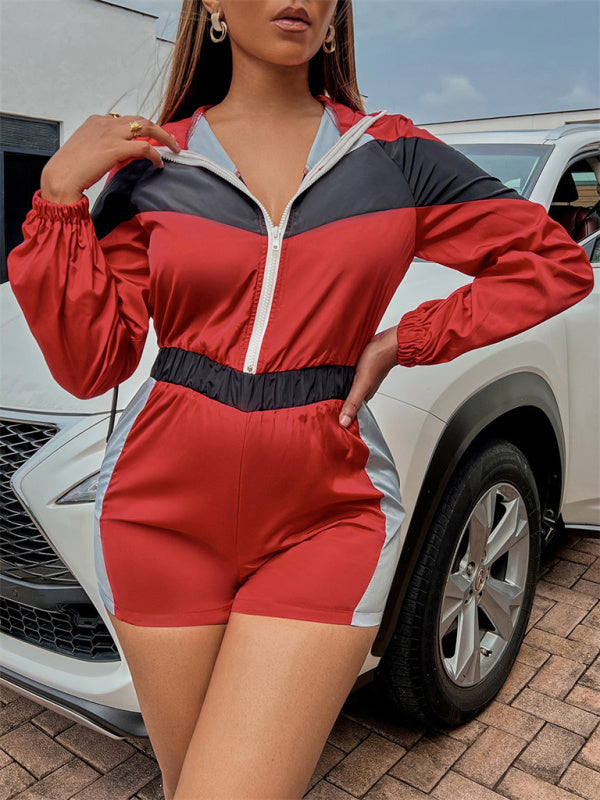 Rompers- Colorblock Sporty Hooded Long Sleeve Romper- - Pekosa Women Clothing