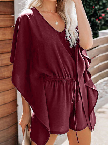 Rompers- Confidence Boosting: Grab Your Perfect Fit V-Neck Romper Jumpsuit Now!- Wine Red- Pekosa Women Clothing