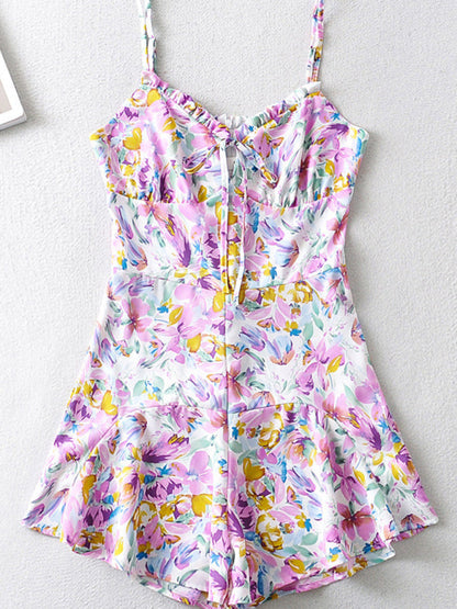 Rompers- Floral Purple Ruffle Romper: Lace Up, Wide Legs - Chic and Stylish- - Pekosa Women Clothing