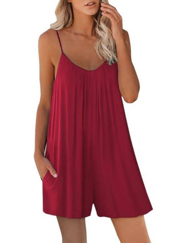 Rompers- Flowy Short Playsuit - Women's Solid Cami Romper with Pockets- - Pekosa Women Clothing