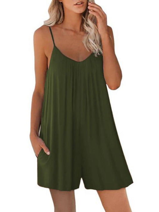 Rompers- Flowy Short Playsuit - Women's Solid Cami Romper with Pockets- Green- Pekosa Women Clothing