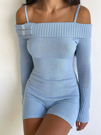 Rompers- Long Sleeve Knit Romper | Off-Shoulder Casual Jumpsuit- - Pekosa Women Clothing