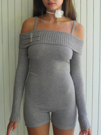 Rompers- Long Sleeve Knit Romper | Off-Shoulder Casual Jumpsuit- Grey- Pekosa Women Clothing