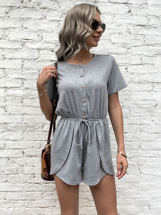 Rompers- Modern Short Sleeves Button Down Romper - Adjustable Waist Jumpsuits- Misty grey- Pekosa Women Clothing