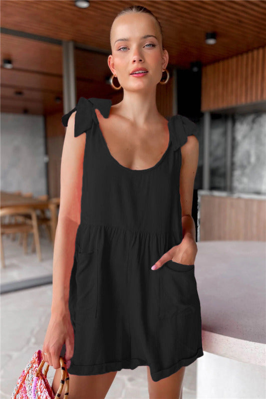 Rompers- Relaxed and On-Trend: Women's Wide Leg Romper - Short Jumpsuit- Black- Pekosa Women Clothing