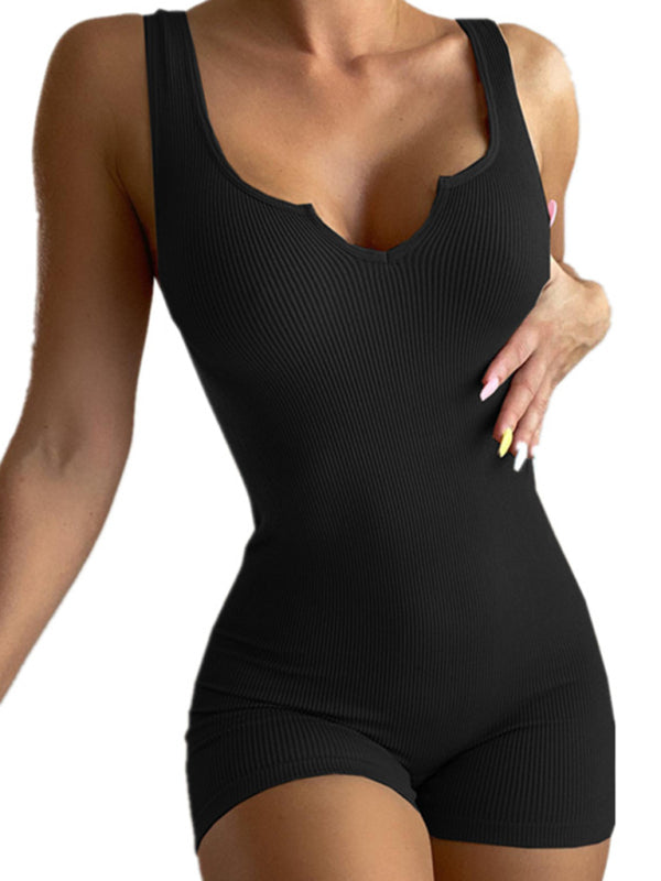 Rompers- Sleeveless Romper | Ribbed Tank Unitard for Summer Lounge- Black- Pekosa Women Clothing