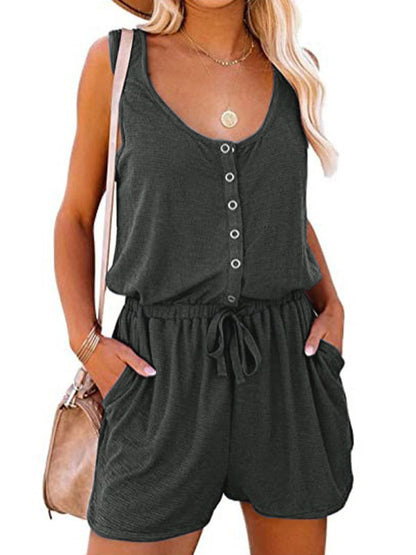 Rompers- Solid Tank Romper with Wide-Leg Shorts- Grey- Pekosa Women Clothing