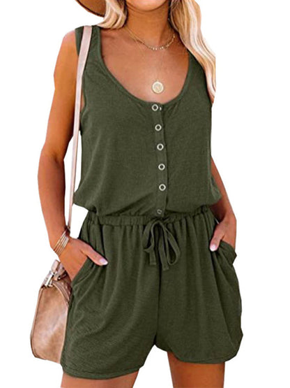 Rompers- Solid Tank Romper with Wide-Leg Shorts- Olive green- Pekosa Women Clothing