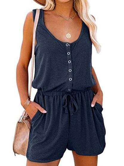 Rompers- Solid Tank Romper with Wide-Leg Shorts- Navy blue- Pekosa Women Clothing