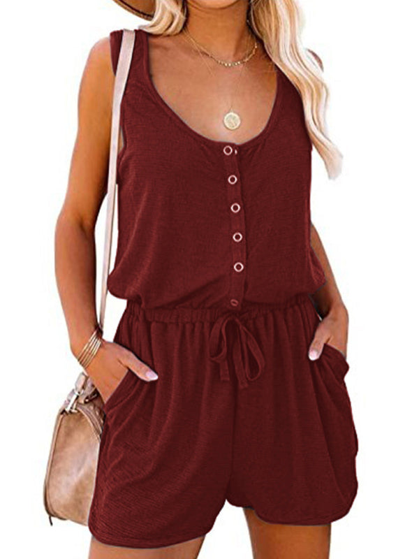 Rompers- Solid Tank Romper with Wide-Leg Shorts- Wine Red- Pekosa Women Clothing