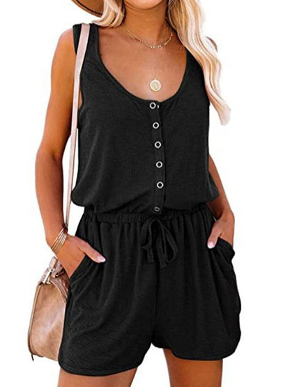 Rompers- Solid Tank Romper with Wide-Leg Shorts- Black- Pekosa Women Clothing